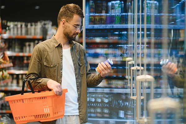 man looking at label in a grocery store