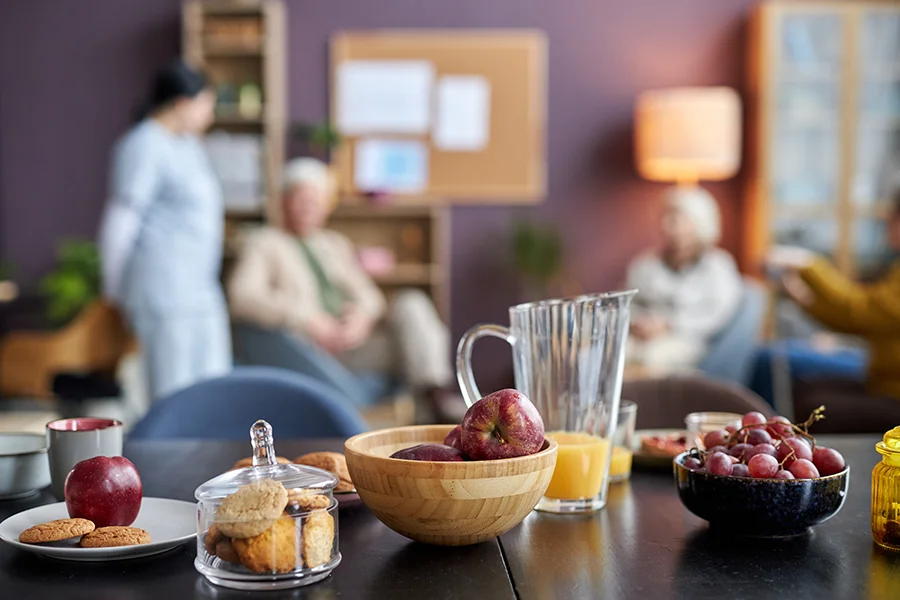 breakfast table with fruit at a retirement home